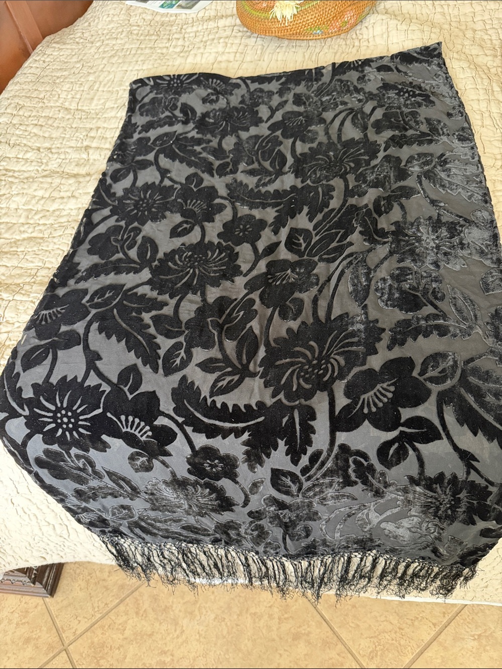Black Floral Burnout Velvet Shawl with Fringe